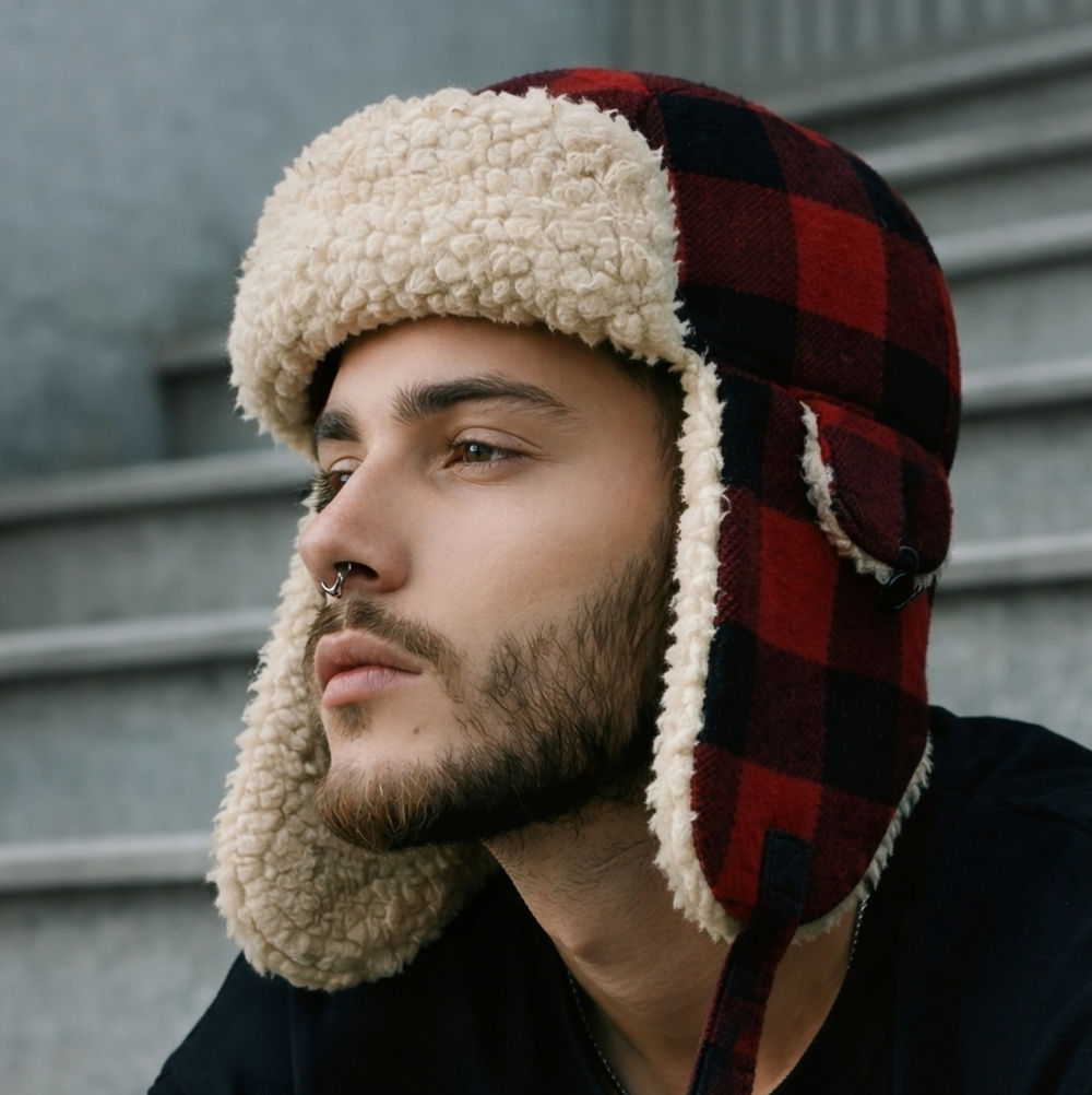HAT Adorable plaid versatile Sherpa style Trapper Hat